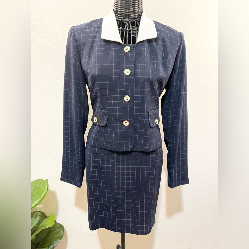 Vintage Ann Taylor Navy Plaid Blazer Suit Dress with White Collar